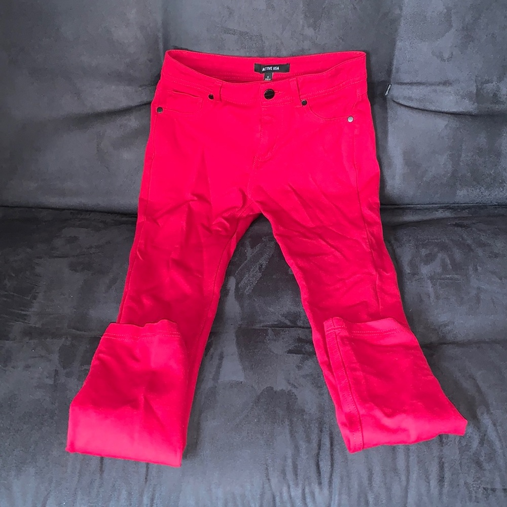 Low waisted red skinny jeans that are stretchy!
